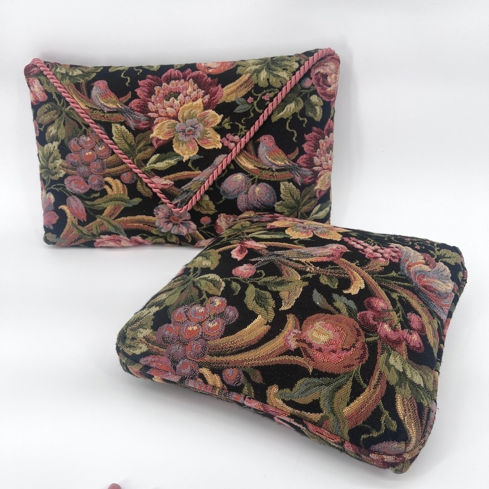 Tapestry Throw Pillows SET of 2 Black Floral Bird Dark Whimsy Boho Cottage‎ Core